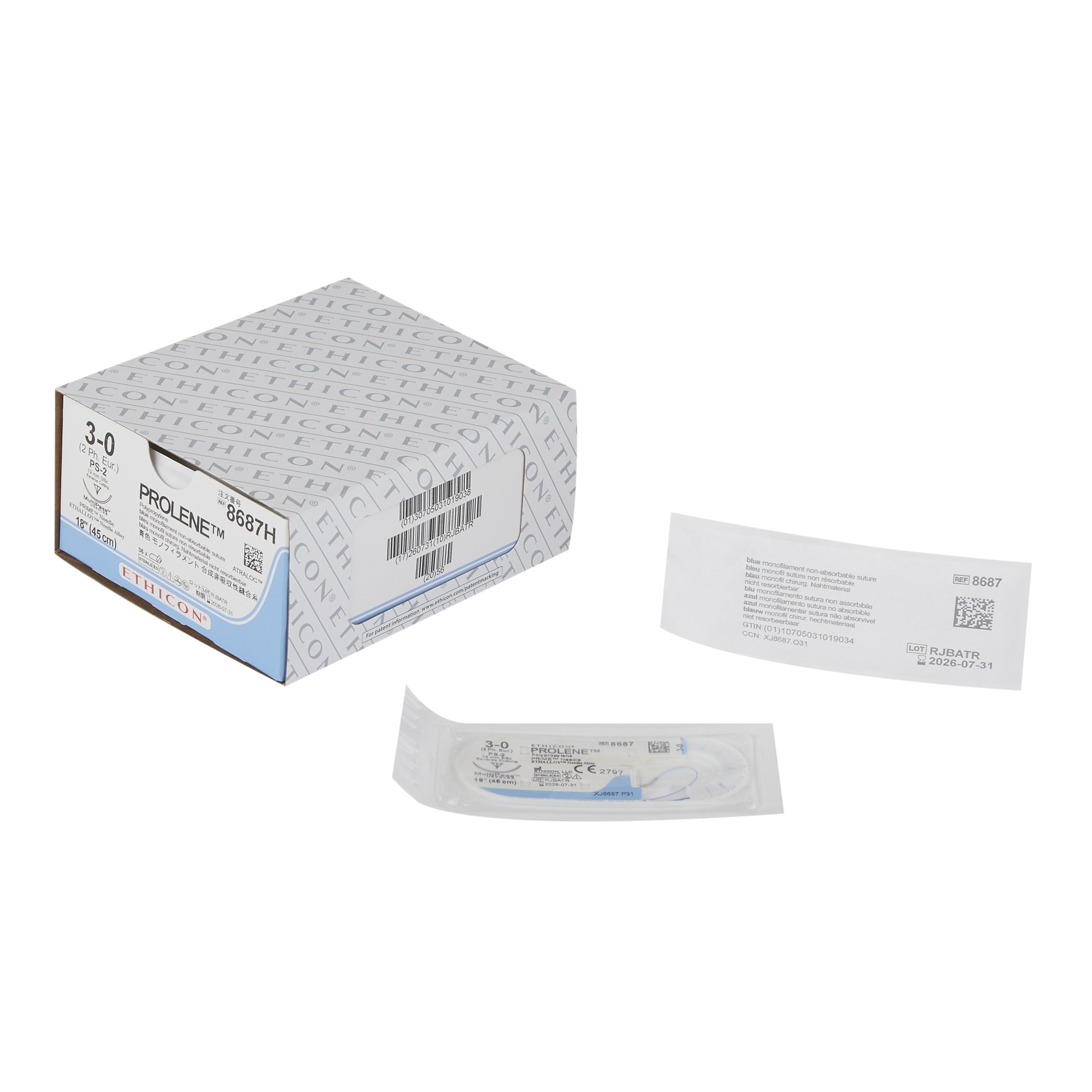 Suture Nonabsorbable Suture with Needle Prolene™ Polypropylene PS-2 3/8 Circle Precision Reverse Cutting Needle Size 3 - 0 Monofilament by Ethicon - Suture  J & J Healthcare Systems  ID 8687H